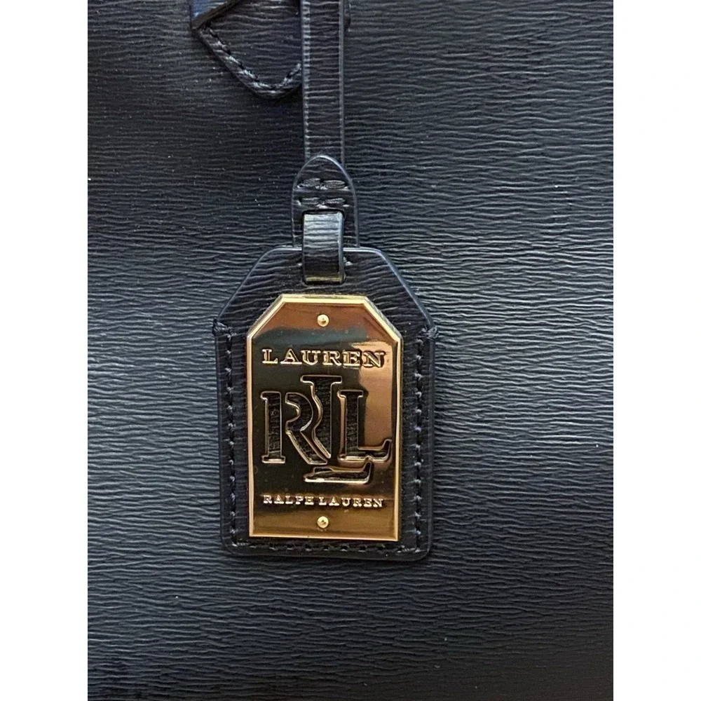 Lauren Ralph Lauren Purse Bag Satchel Black Leather Gold Monogram Zip Medium